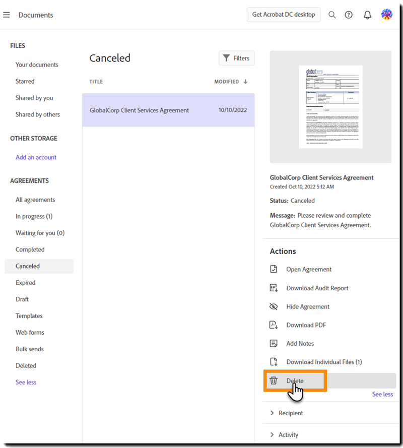 Delete Acrobat Sign agreements and library templates